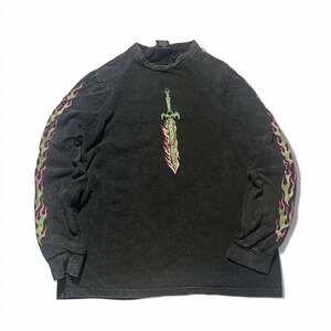 "THE SWORD" Long Sleeve T-Shirt Black with Green Flame Sleeves